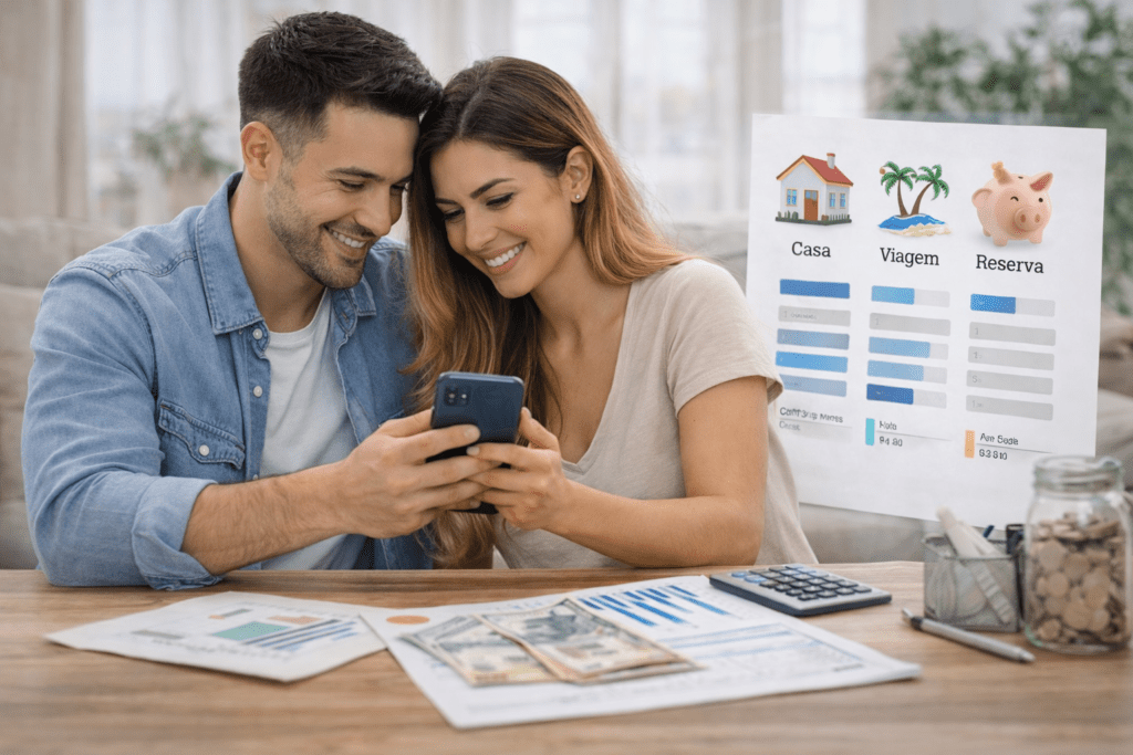 Casal olhando um celular à mesa, com calculadora, papéis e um quadro de objetivos para casa, viagem e reserva.